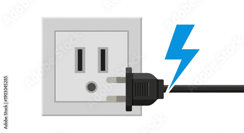 Illustration of power plug and electrical outlet with blue lightning bolt