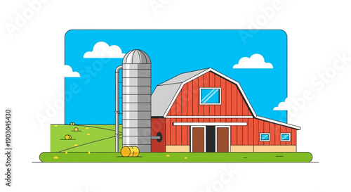Colorful vector illustration of a red barn with silo in rural landscape