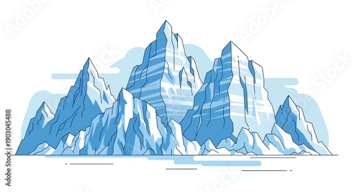 Illustration of Majestic Snow-Capped Mountain Peaks in Blue Tones