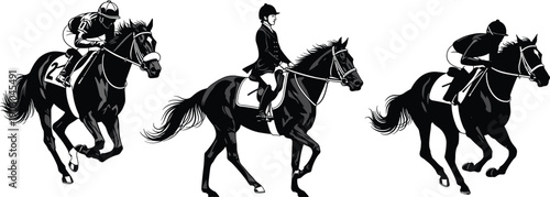 Three horse riders in racing and equestrian attire, showcasing horse racing competition and formal equestrian sports, ideal for sporting, cultural, and educational design projects