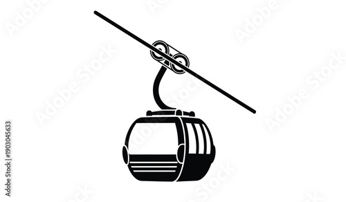 A black and white illustration of a cable car cabin suspended from a cable