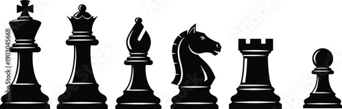 Complete set of stylized black chess piece silhouettes including king, queen, bishop, knight, rook, and pawn, perfect for strategy, gaming, and educational design project