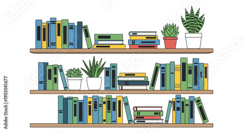Colorful books and plants on wooden shelves in minimalist style