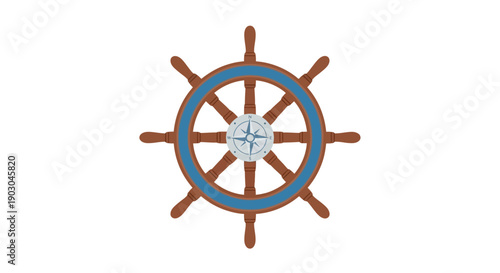 Nautical ship wheel with compass on white background