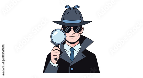 Detective character in trench coat holding magnifying glass