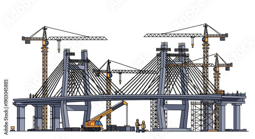 Construction site with cranes and workers building a bridge structure