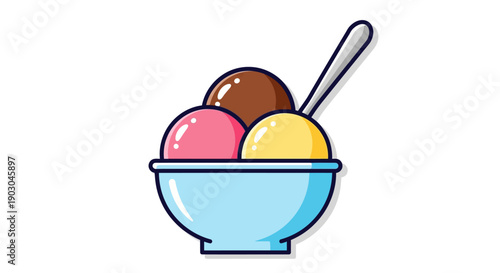 Colorful ice cream scoops in a blue bowl with a spoon