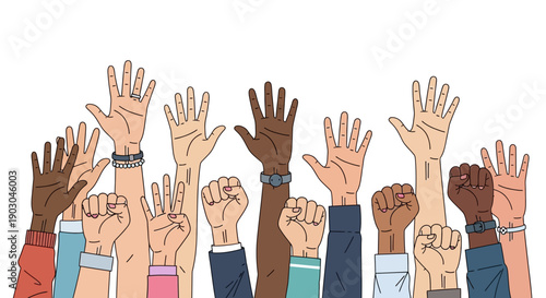Diverse group raising hands in unity and solidarity illustration