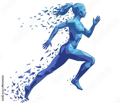 Stylized polygonal multilayered vector illustration of athletic looking female runner running. Transparent background SVG version.