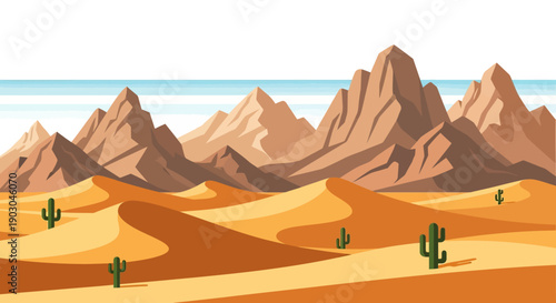 Illustration of Desert Landscape with Sand Dunes and Mountains