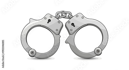 Realistic illustration of metal handcuffs with keyholes on white background