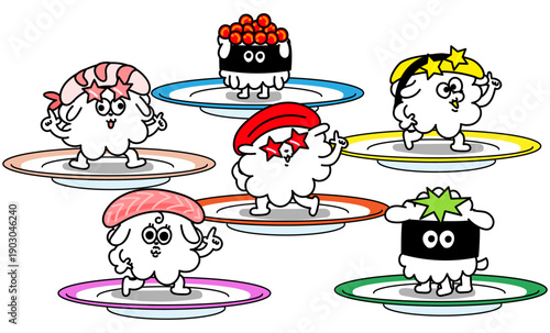 回転寿司のキャラクター集合セット いくら えび サーモン まぐろ たまご かっぱ巻き