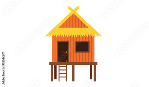 A colorful illustration of a small wooden hut on stilts with a yellow roof and brown door and ladder