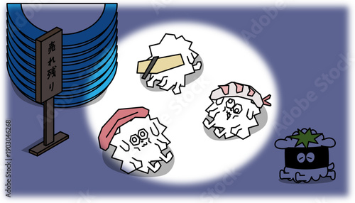 カピカピに乾燥した売れ残りのお寿司のキャラクター 放置 廃棄