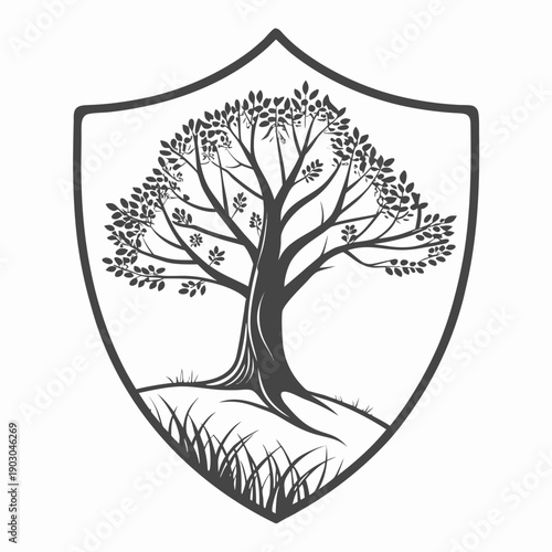 Minimal tree shield logo for nature protection and brand.