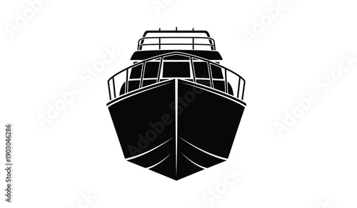A black silhouette of a boat with a railing on the deck and a