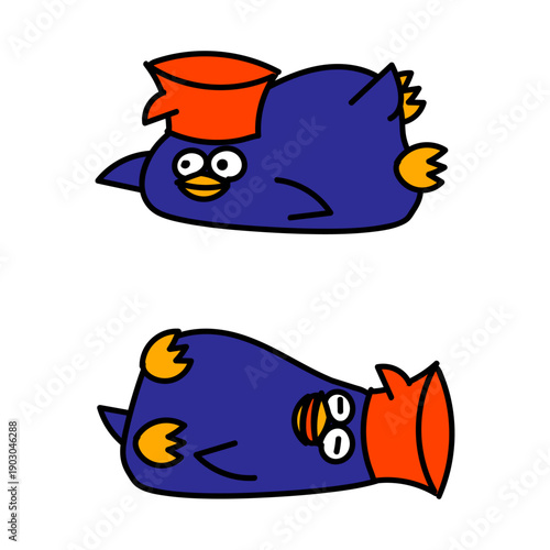  しょうゆ差しのペンギンのキャラクター 腹這いと仰向け 2ポーズ