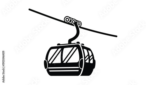 A black and white illustration of a cable car with a single car hanging from a cable
