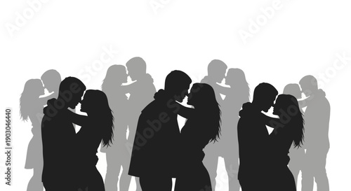 Collection of romantic couples embracing and about to kiss, illustrated as overlapping black and gray silhouettes symbolizing connection and intimate affection.