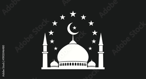 Islamic mosque with crescent moon and stars
