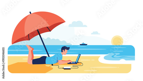 Freelancer man works on a laptop under a beach umbrella with a portable power station near the sea during a beautiful sunset.