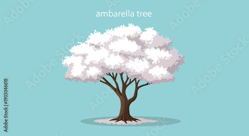 A beautifully stylized ambarella tree illustration showcasing pristine white blossoms against a tranquil sky blue background perfect for nature