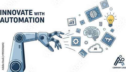 Innovate with automation illustration, robotic arm reaching icons, artificial intelligence concept, industrial technology design, innovation and data integration, flat vector illustration