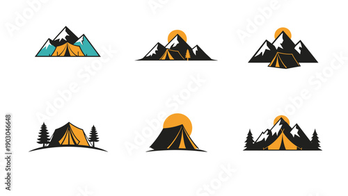 Outdoors camping logo templates featuring high mountain peaks and tents under a setting sun for adventure brands.
