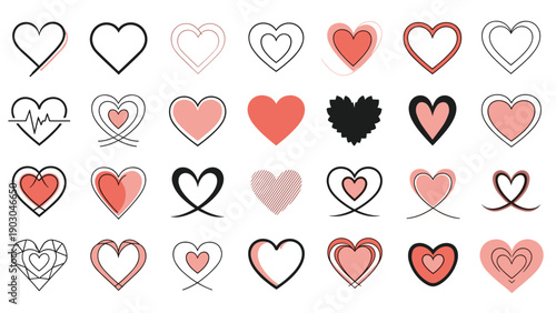 Diverse collection of heart icons and symbols in various artistic styles for love romance and creative projects.
