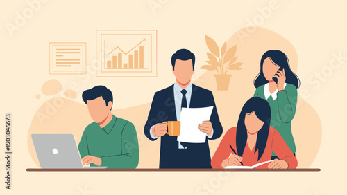 Diverse business team working together in a modern office environment with laptops documents and strategic charts.