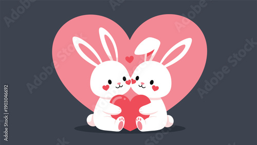 Adorable white bunny couple holding a large red heart together for valentines day or romantic greeting cards.