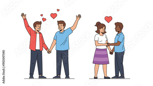 Diverse couples holding hands representing love equality and inclusive relationships with floating heart symbols.
