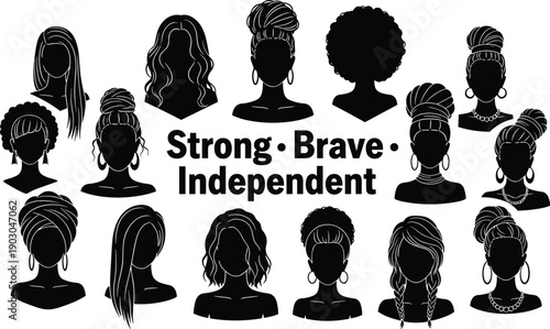 Strong brave independent women illustration, diverse hairstyles silhouettes, female  cultural diversity vector illustration