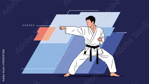 Focused martial artist in a white karate uniform performing a powerful forward punch against a geometric background.