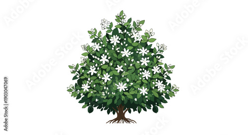 A vibrant illustration showcasing a thriving botanical specimen, a lush green bush adorned with numerous delicate white blossoms and vibrant foliage