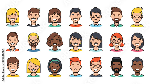 Diverse collection of human face avatars with various ethnicities hair styles and accessories for social profiles.