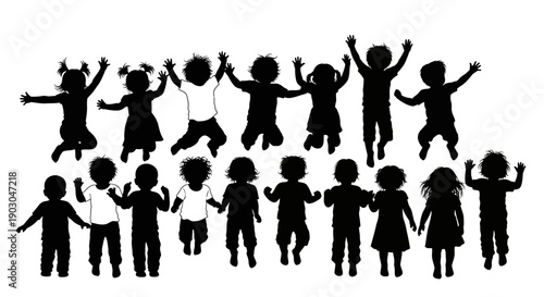 Diverse group of energetic children's silhouettes captured in dynamic poses, illustrating jumping, playing, and joyful childhood activities for graphic design.