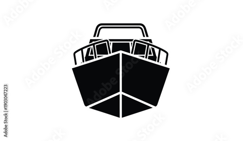 Black and white illustration of a boats front view in a simple style