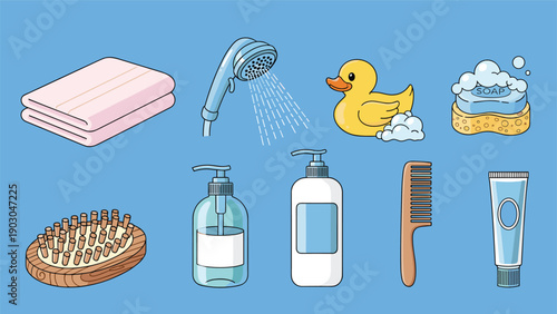 Personal hygiene and bath accessories collection featuring a shower head, rubber duck, soap, shampoo, and tooth care items.