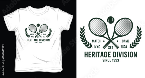 Heritage division tennis sport t-shirt design, vintage rackets and ball with laurel wreath, athletic apparel print