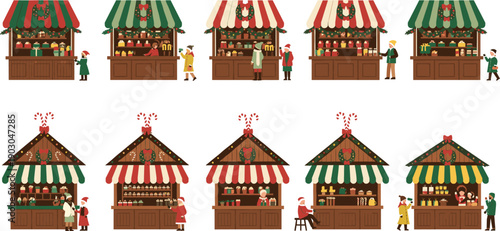 Flat Vector Illustration Set of Traditional Christmas Market Stalls and Wooden Holiday Booths Decorated with Garlands and Wreaths Featuring People Shopping for Seasonal Treats