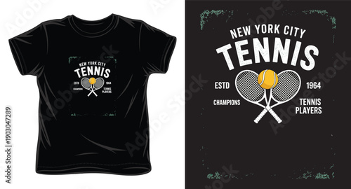 Vintage new york city tennis club graphic with crossed rackets and yellow ball for t-shirt design