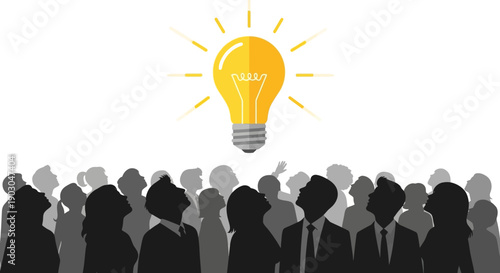 Silhouetted crowd looking up in anticipation at a brightly shining yellow light bulb symbolizing innovation, great ideas, and collective inspiration in a modern concept.