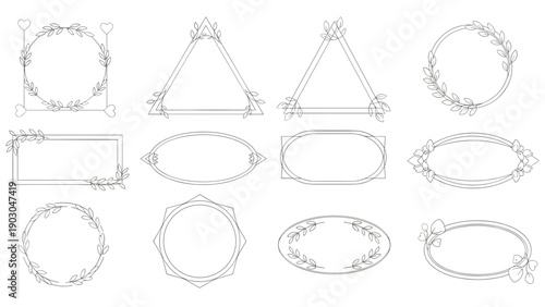 Elegant set of various empty geometric and floral frames in a delicate black line style perfect for invitations or card designs.