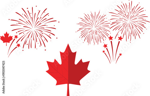 Canada Day celebration illustration, maple leaf symbol, festive fireworks design, national pride vector, patriotic holiday art, cultural heritage theme, flat vector illustration