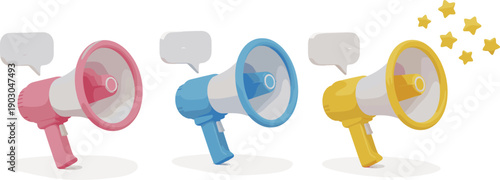 Vector Illustration Set of Colorful Megaphones and Bullhorns in Pink Blue and Yellow with Speech Bubbles and Stars for Marketing and Promotion