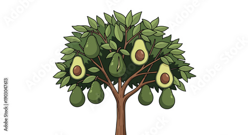Vibrant cartoon avocado tree illustration showcasing healthy fruit ready for harvest and consumption