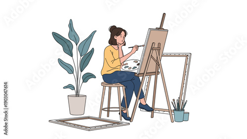 Creative woman artist sitting on a stool in her studio painting on a canvas with an easel, plants, and art supplies around.