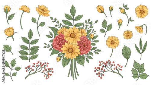 Extensive botanical set of yellow flowers, red roses, and green leaves including a large central bouquet and individual sprigs.