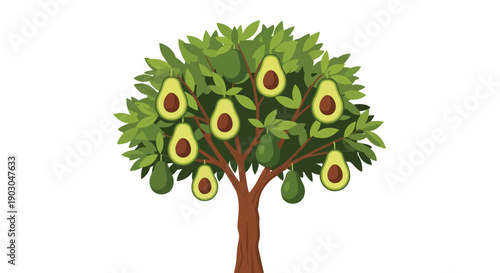 A beautifully illustrated avocado tree thriving with abundant vibrant green leaves and numerous perfectly ripened halved avocados, showcasing their